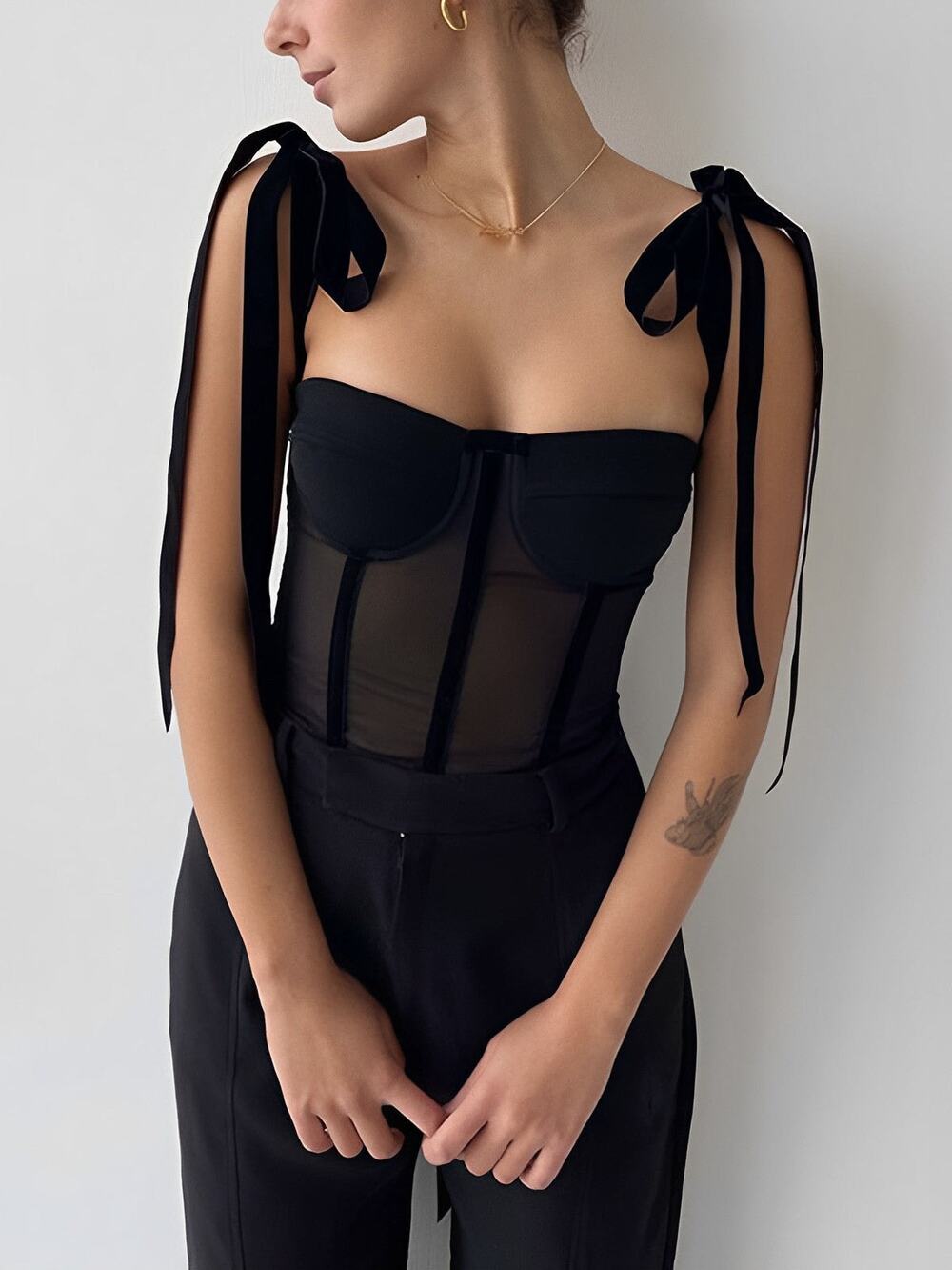 Commense Semi Sheer Y2K Dark Fairy Tied Mesh Cami Crop Top Black Small